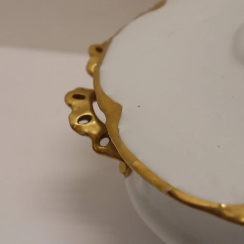 White Porcelain Bowl with‎ Lid that has the Letter A in Gold Versailles